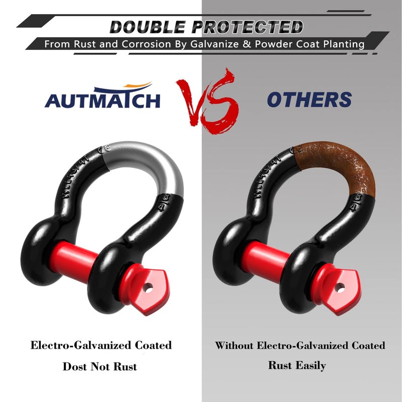 AUTMATCH D Ring تكبل 3/4 بوصة (عبوة من قطعتين) قوة كسر 41,887 رطل، تكبل Clevis مع دبوس لولبي 7/8 بوصة ومجموعة غسالات عازلة لحزام السحب ونش استعادة المركبات على الطرق الوعرة، أسود وأحمر - Image 5